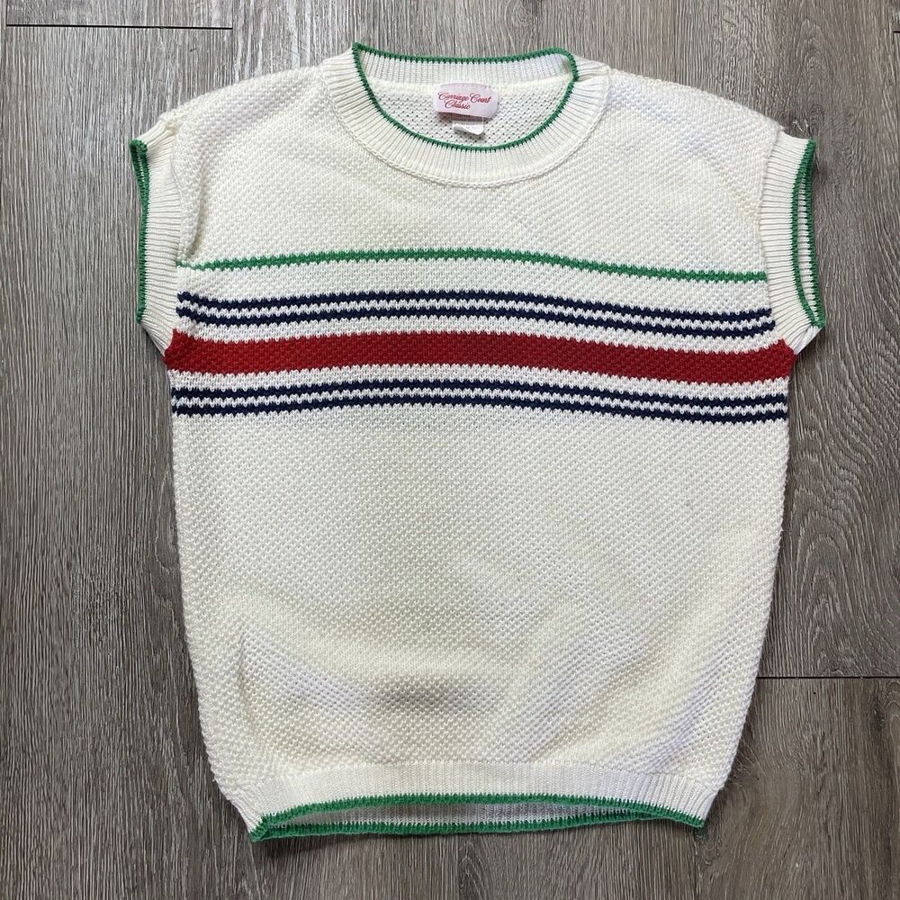 Womens Vintage Carriage Court Ivory Knit Sweater Short Cap Sleeve Stripe Large